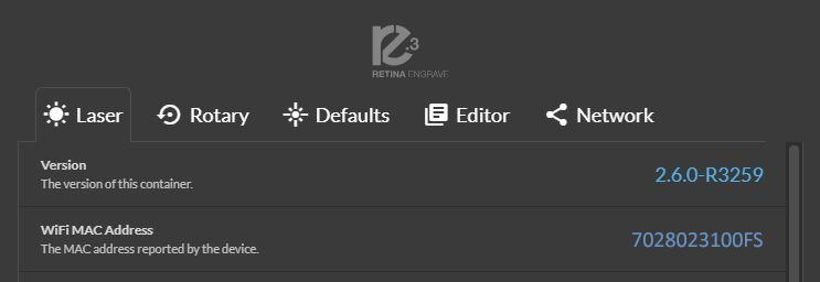 Screenshot of the Settings Laser page in the RE Software.